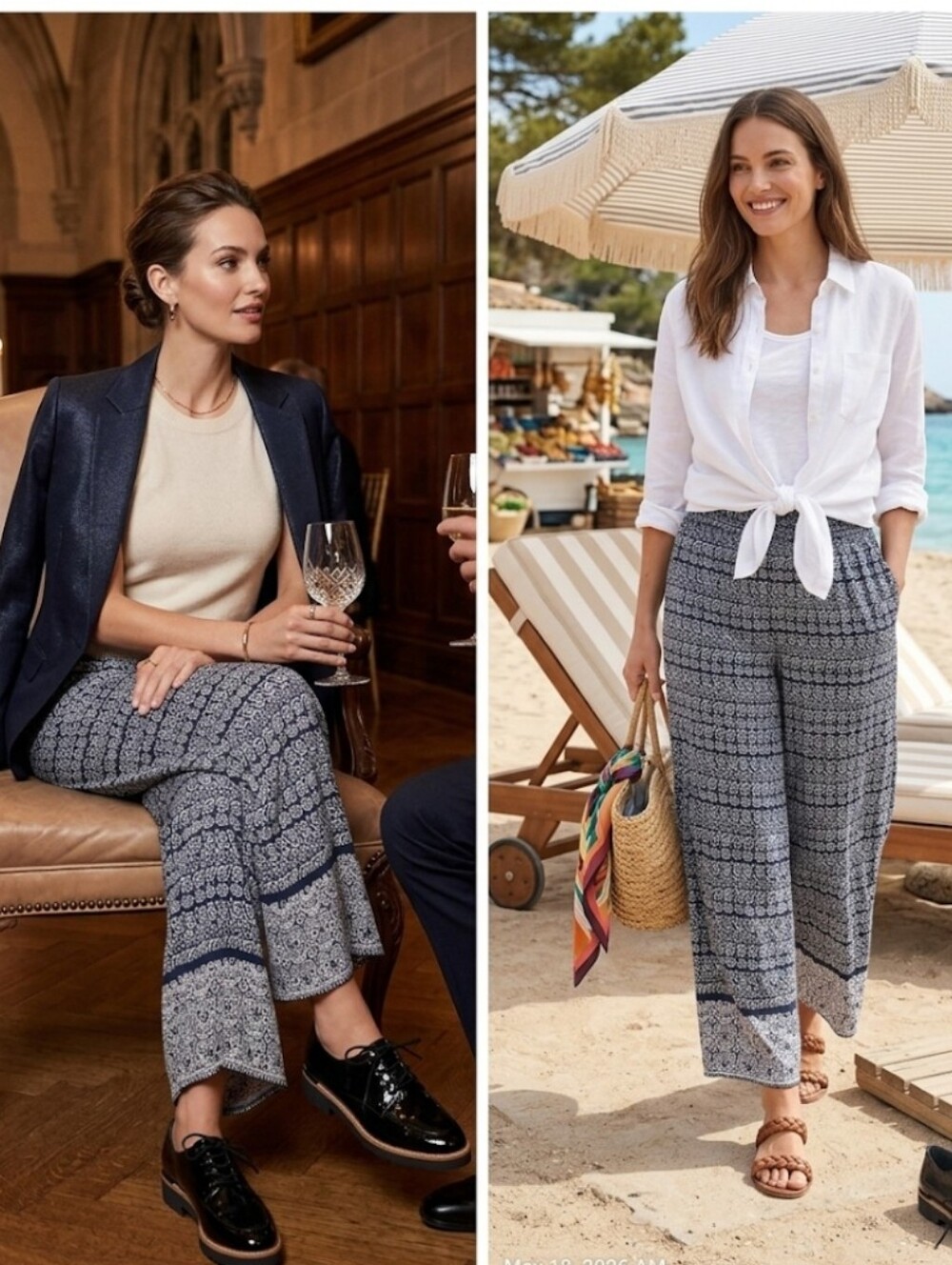 Wide-Leg Printed Navy Pants for Women